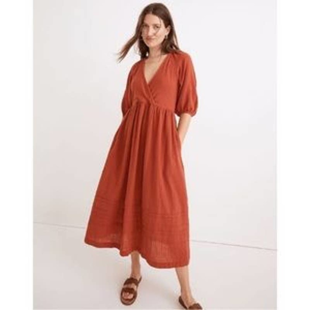 Madewell Marianna Puff Sleeve Midi Dress Sz L Burnt Orange
